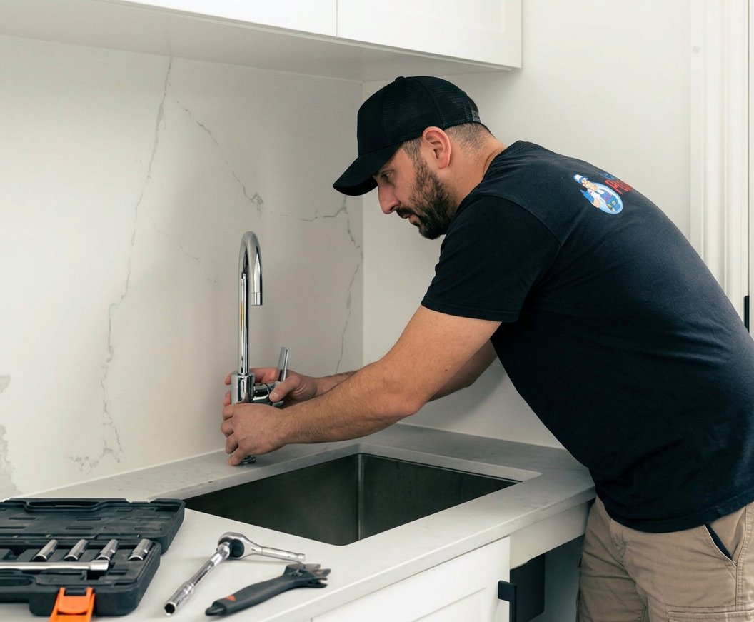 Local plumber working on plumbing equipment